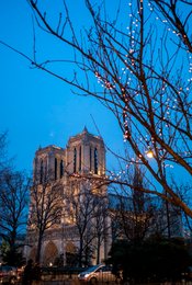 Architecture-gothique;-Cathédrale;-Crépuscule;-Flèche;-Guirlande-lumineuse;-Ile-de-la-Cité;-Kaleidos;-Kaleidos-images;-La-parole-à-limage;-Lieux-de-culte;-Monument-historique;-Notre-Dame-de-Paris;-Nuit-tombante;-Paris;-Rive-gauche;-Square-René-Viviani;-Stories-Pictures;-Tarek-Charara;-Tours;-Viollet-le-Duc